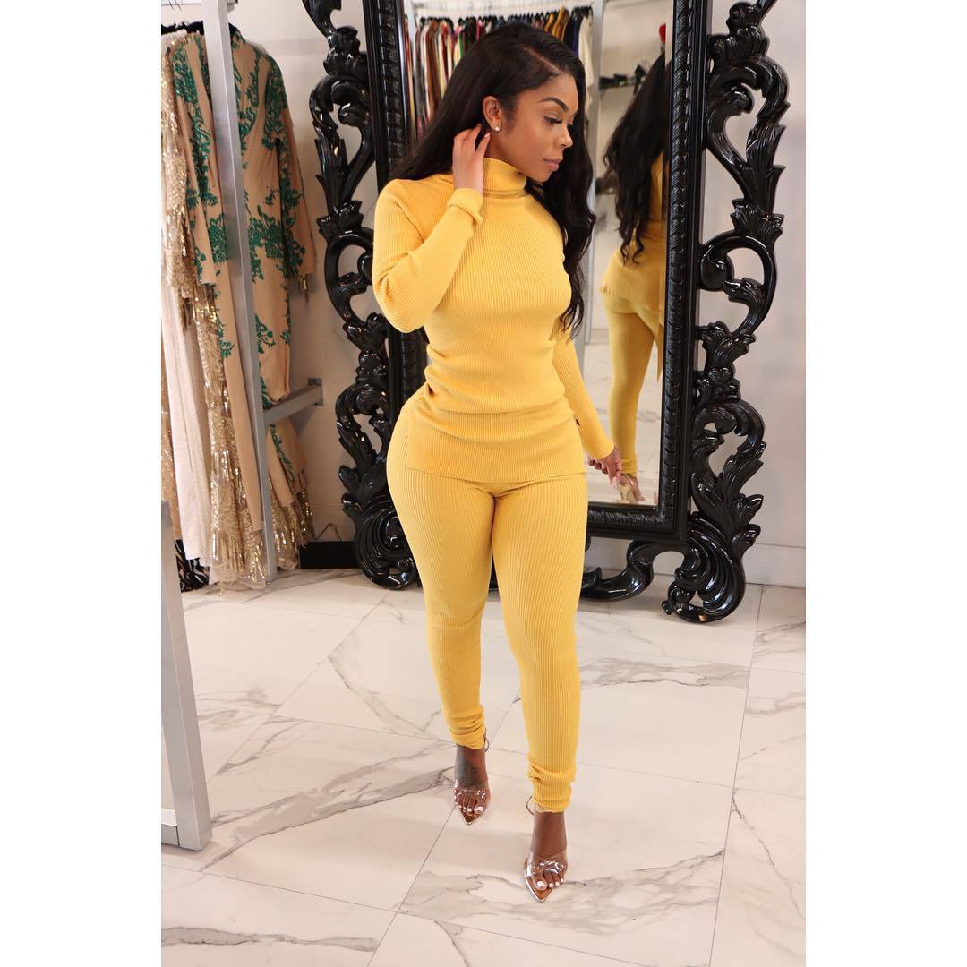 Lounge wear Knitted Rib Solid Tracksuit Women Casual Sport Fitness Turtleneck Sweater Top + Leggings Two Piece Set Club Outfits