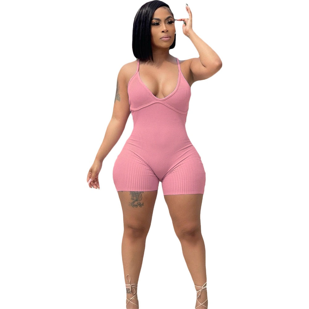 Women Solid Color Jumpsuit 2021 Summer Suspenders V-Neck Catsuit Sexy Outdoor Club Clothing