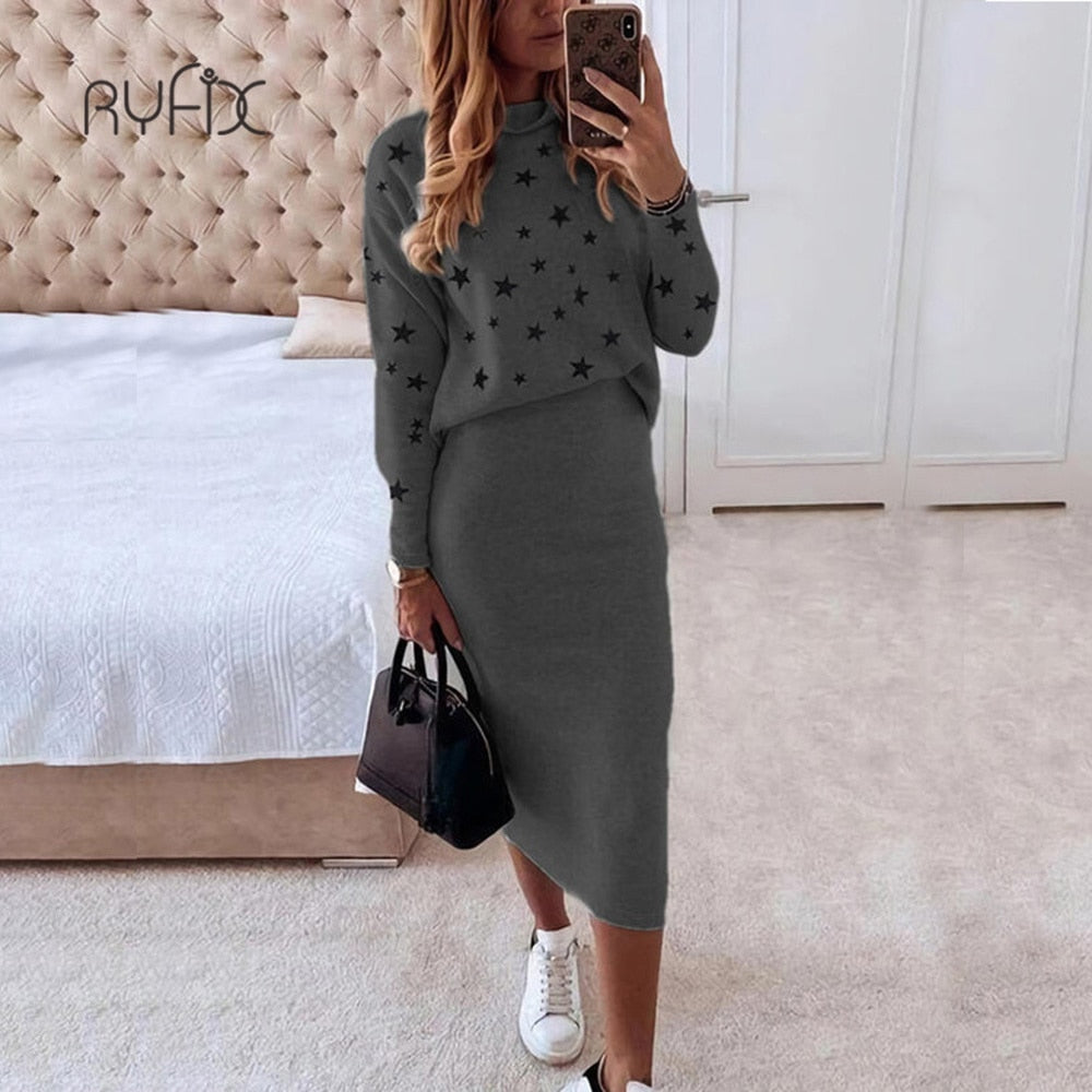 2022 Autumn winter Women Skirt 2 Piece Set Long Sleeve Turtleneck Slim Skirt Set Elegant Office Lady Knitted Sweater Skirt Suit