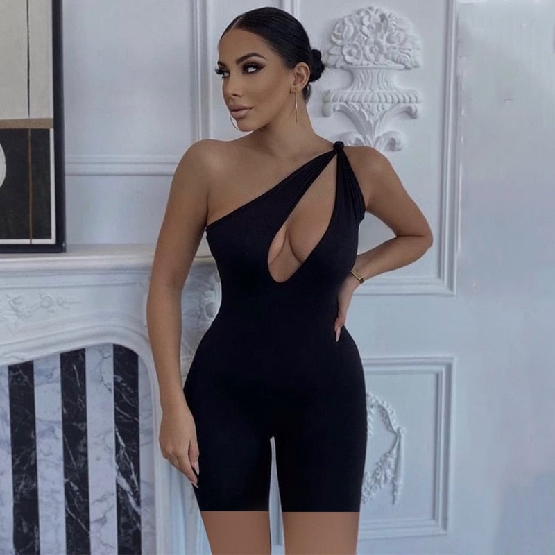 Sexy Hollow Out Bodysuit Women Off Shoulder Single Strap Jumpsuit 2022 Summer Fashion Slim Solid Color Sleeveless Playsuit