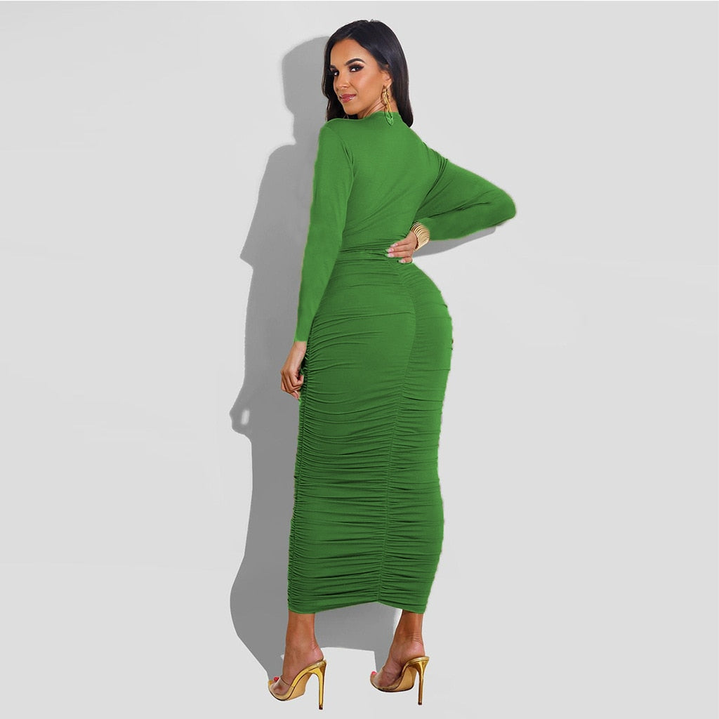 Sexy Long Pleated Dress Women Hollow Out Draped Bodycon Sundress Party Club Dresses Summer Clothings 2021