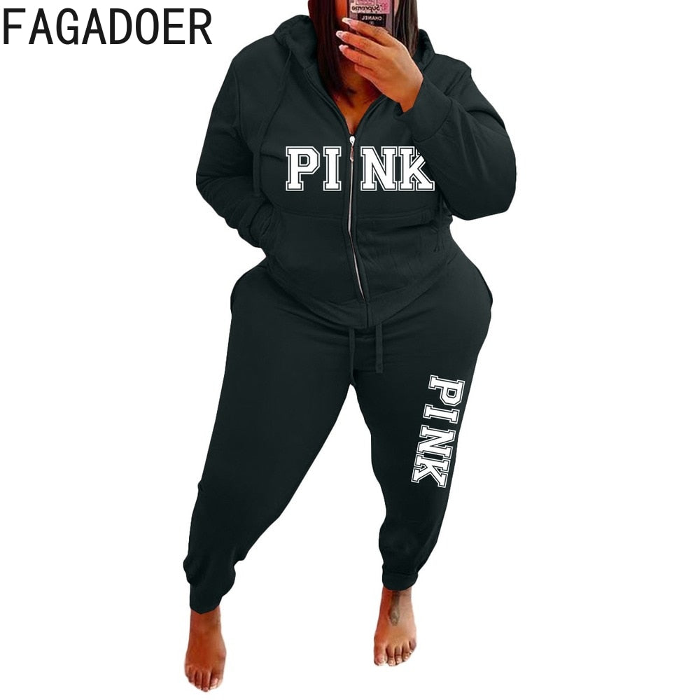 FAGADOER 2022 Plus Size Sporty PINK Letter Print Fashion Spring Set High Waist 2 Piece Set L-5XL Women Gym Clothing Pant Sets