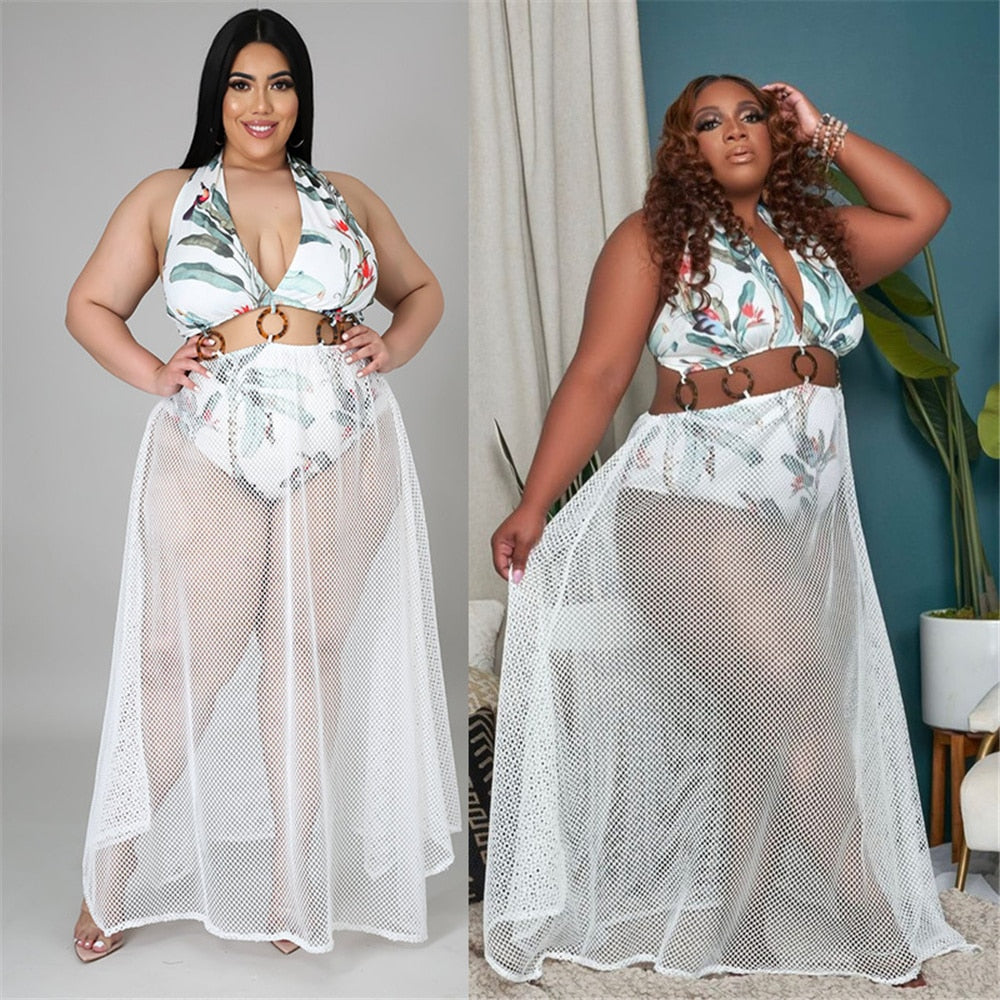Women's Dress Sexy Deep V Buckle Hanging Neck Backless Lace-up Polyester Mesh Stitching Plus Size Dresses Wholesale Dropshipping