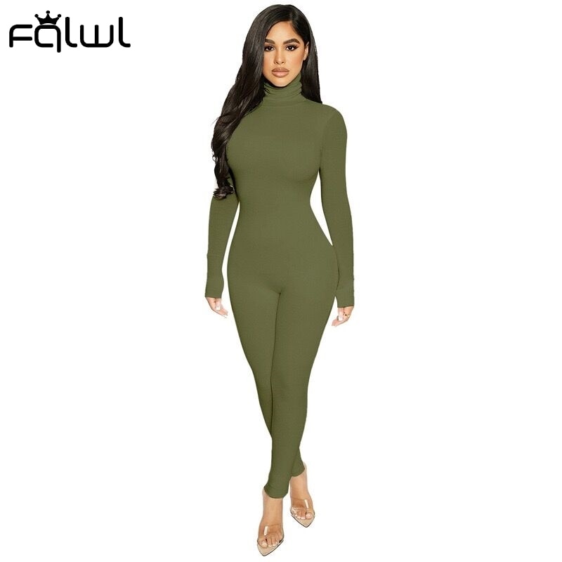 FQLWL Winter Long Sleeve Brown Sexy Bodycon Jumpsuit Women Romper One Piece Outfit Turtleneck White Black Jumpsuit Female Ladies