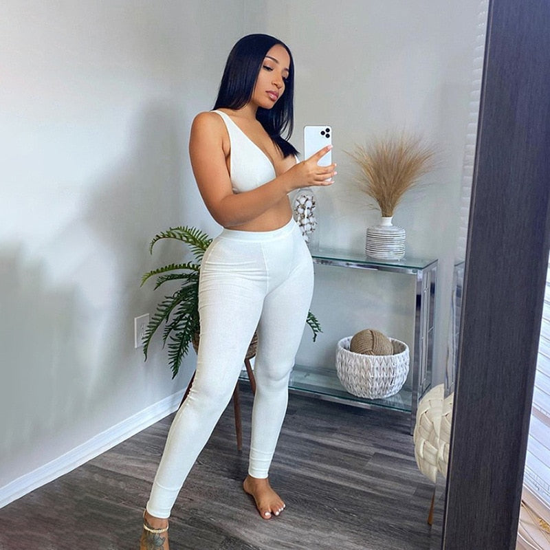Fitness Knit Rib Tracksuit Women Summer Sexy Lounge wear V Neck Backless Crop Top with Sweatpants Two Piece Set Jogging Femme