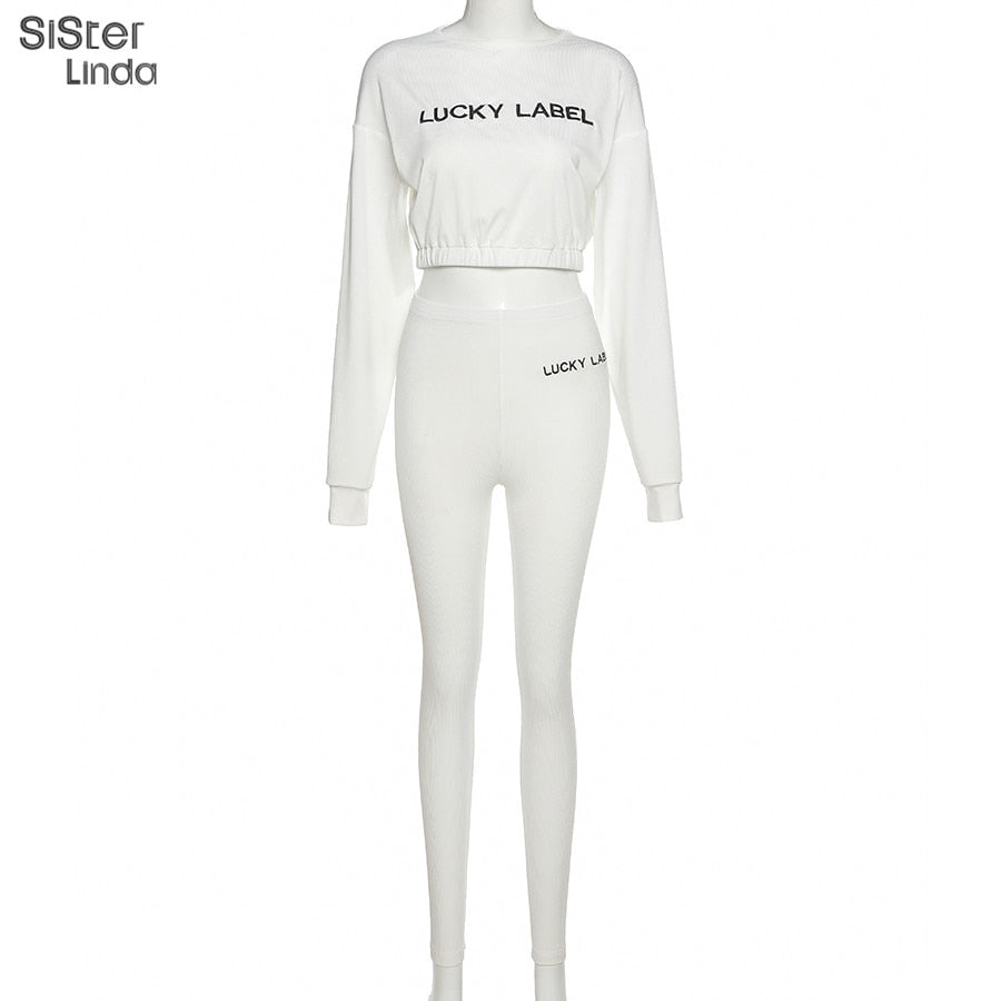 Fashion Rib Lucky Label 2 Piece Set Women Tracksuit Fall Crop Tops Leggings Casual Sweet High Stretch Jogger Outfits Streetwear