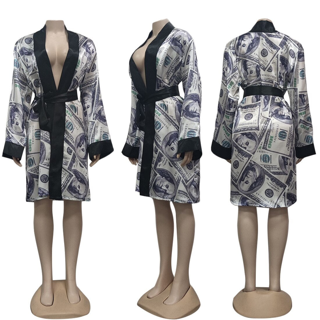 Bonnie Forest Womens Money Printed Sleep Mini Dress Lounge Wear 2022 New Fashion Belted Night Out Dress Homewear Party Club Robe