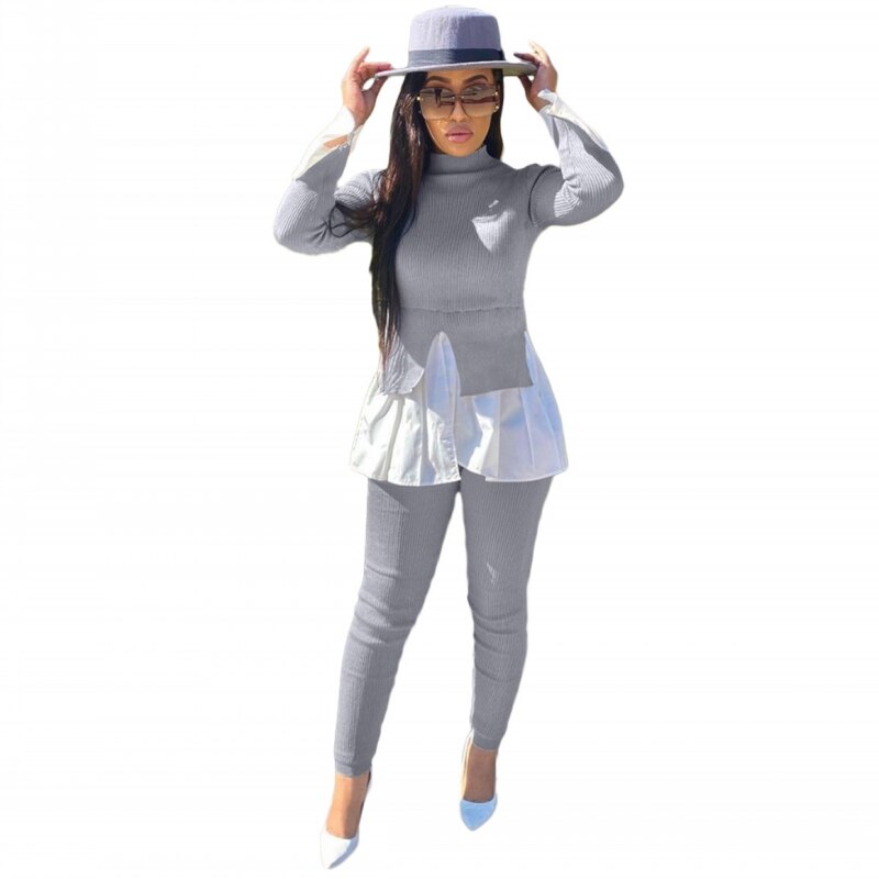 Two Piece Pant Suits Sets Turtleneck Sweater Long Sleeve Ruffle Trim Patchwork Knit Pullover Leisure Trendy Women Spring Autumn