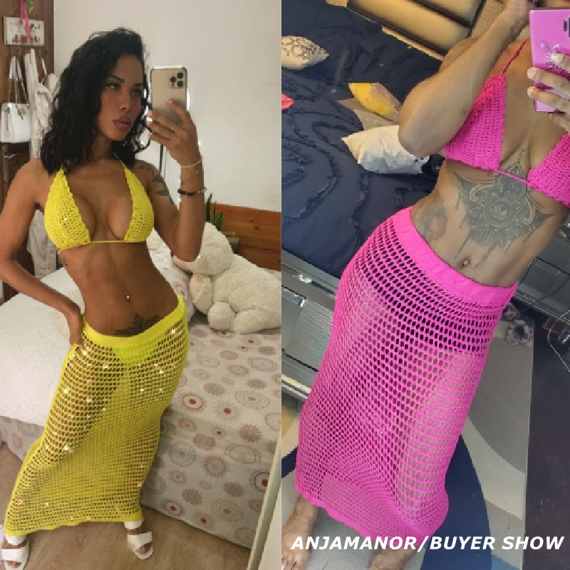 ANJAMANOR Hollow Out Crochet Sexy Summer Two Piece Set Top and Skirts Matching Sets Beach Cover Up Neon Club Outfits D48-DD20