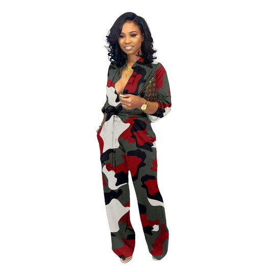Camo Print Women Jumpsuit Autumn Long Sleeve Wide Leg Pants Elegant Rompers Casual Loose Plus size Overalls with Pocket