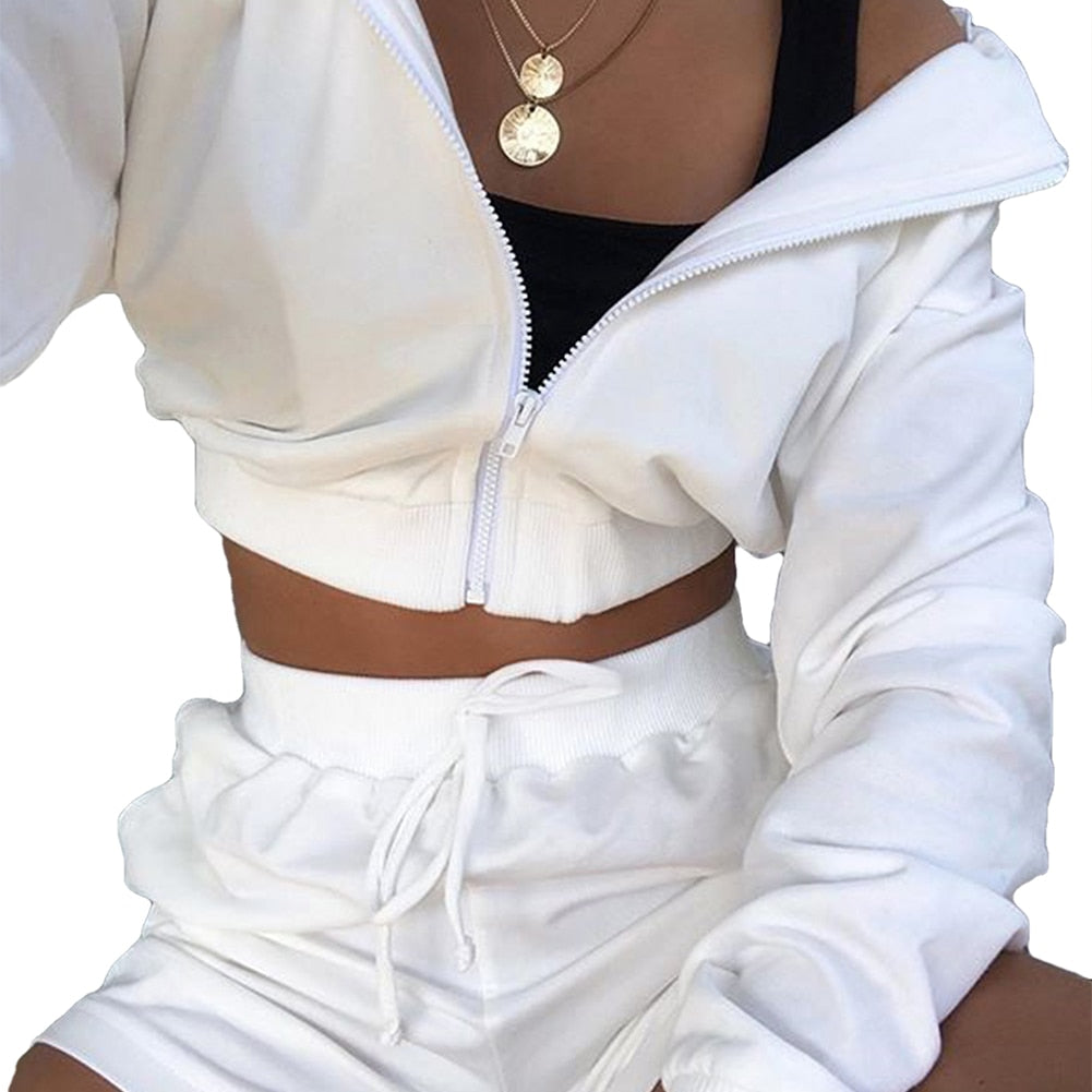 Autumn New Fashion 2Pcs Sports Clothing Suit Casual Womens Girls Zipper Sweater Hoodie Long Sleeve Hoodies+High Wait Shorts Sets