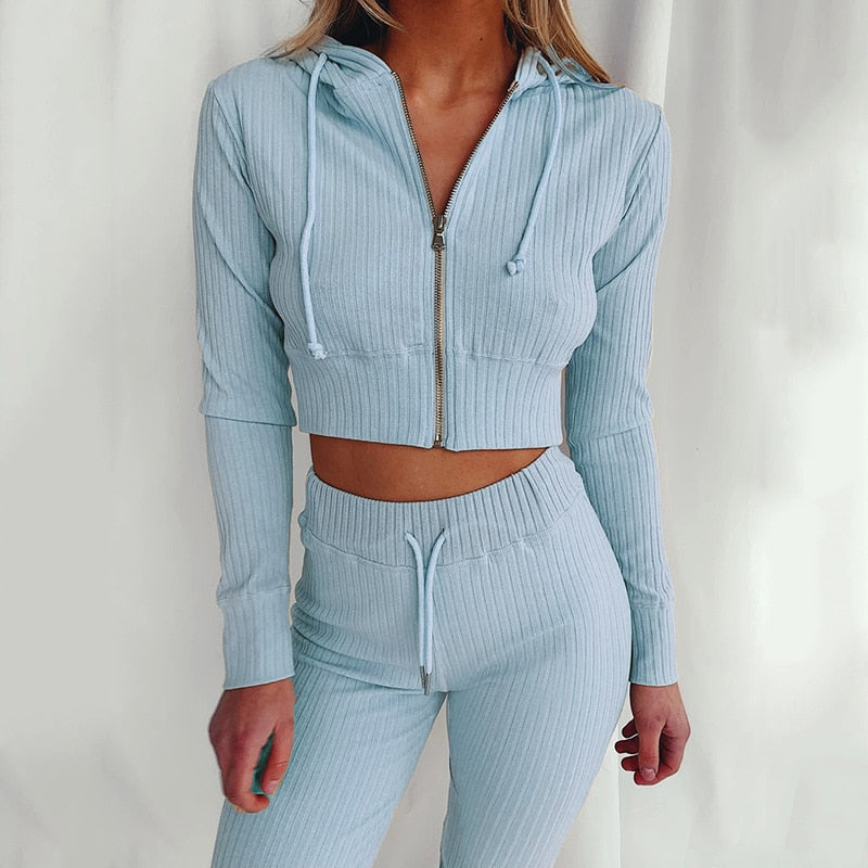 Ribbed Hoodie Two Piece Set Tracksuit Women Long Sleeve Sweatshirt Pencil Pants Suit Joggers Sport Fitness Outfits Sweatsuits