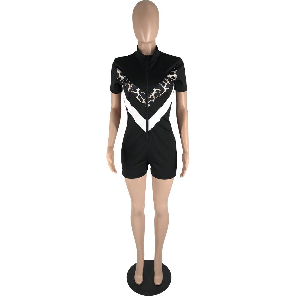 Romper Playsuit Shorts Jumpsuit Women Rumpers Fashion Zipper V Collar Short Sleeve Rompers Overall Leopard Patchwork Bodysuit
