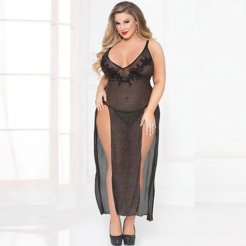 Sexy Hot Sleeping Dress For Women  Lace Long Lingerie Embroidery Night Dress Deep V Open Back Plus Size Fat MM  Black Sleepwear