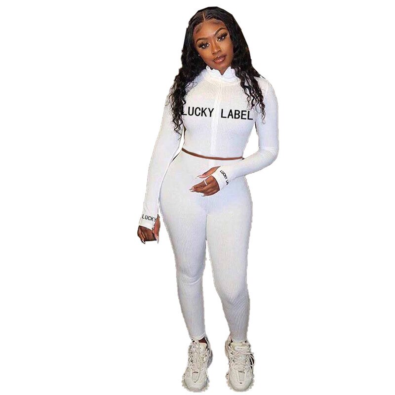 Lucky Label 2 Piece Set Women Fall Fitness Outfit Tracksuit Stretch Knitted Top Leggings Matching Set Girl Wholesale Dropshpping