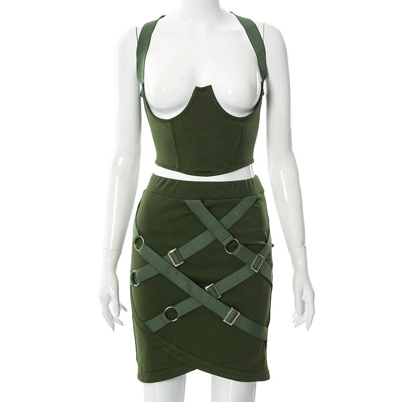 ANJAMANOR Sexy Bandage Dress Sets Womens Clubbing Outfits Two Piece Set Corset Top and Mini Skirts Matching Sets D85-DI34