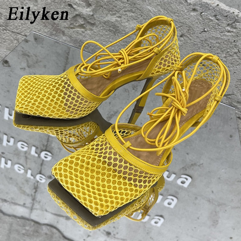 Eilyken 2022 New Sexy Yellow Mesh Pumps Sandals Female Square Toe High Heel Lace Up Cross-Tied Stiletto Hollow Dress Shoes