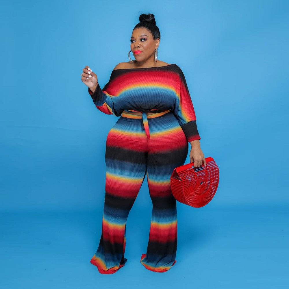 Women Plus Size Set Tie Dye Print Long Sleeve Bandage Crop Tops Loose Long Pants 2 Piece Sets Casual Streetwear Summer