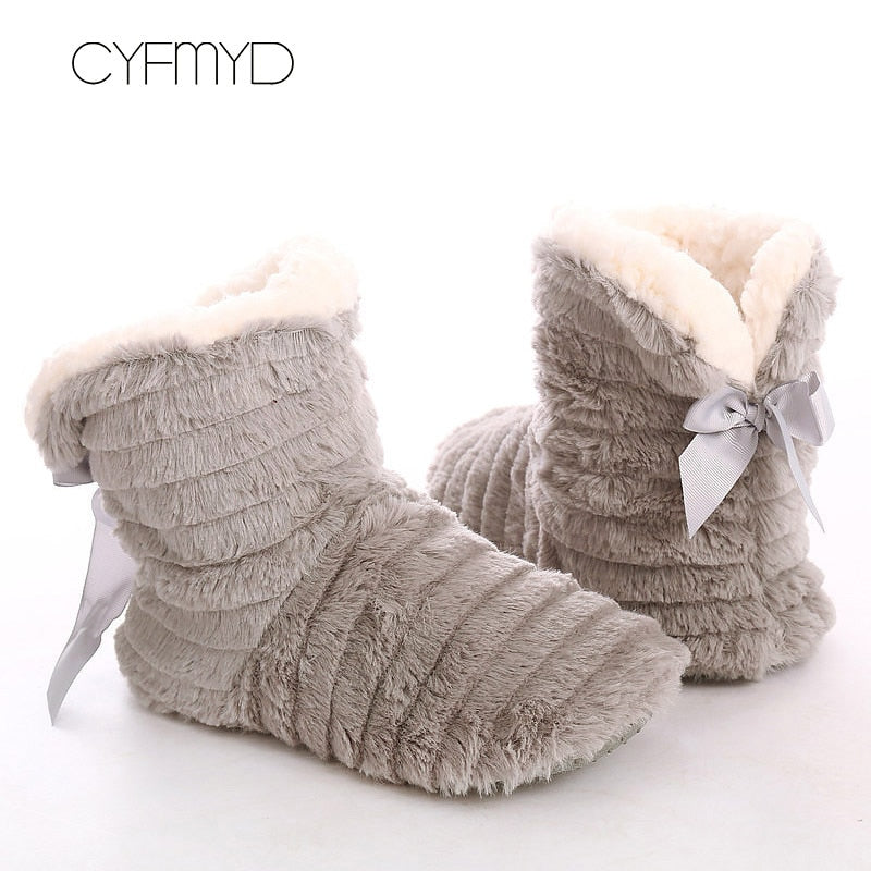 Women's shoes Fur slippers for home 2021 Butterfly-knot Furry house shoes Bedroom slippers girls warm soft indoor Boots Slippers
