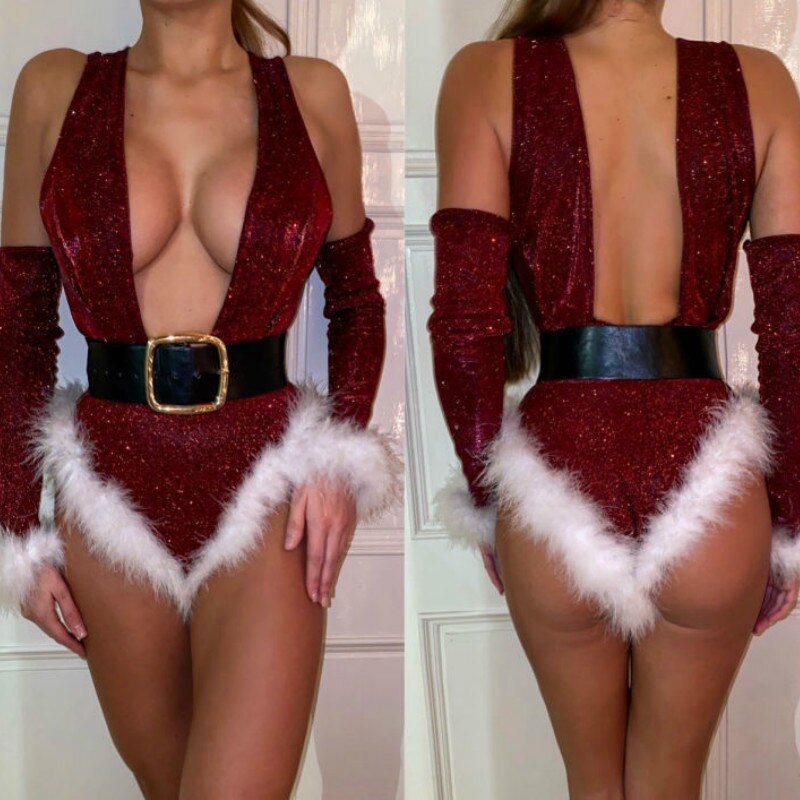 Christmas Bodysuit Women Sexy Deep-V Neck Rompers Hat Sleeve Bodysuit 4 Piece Set Santa Suit Christmas Party Sexy Lingerie