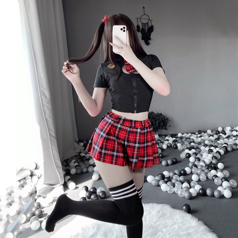 Tartan Patchwork Japanese Schoolgirl Cosplay Uniform Set Sexy JK Embroidery Pleated Role Playing Costume With Plaid Skirt Socks