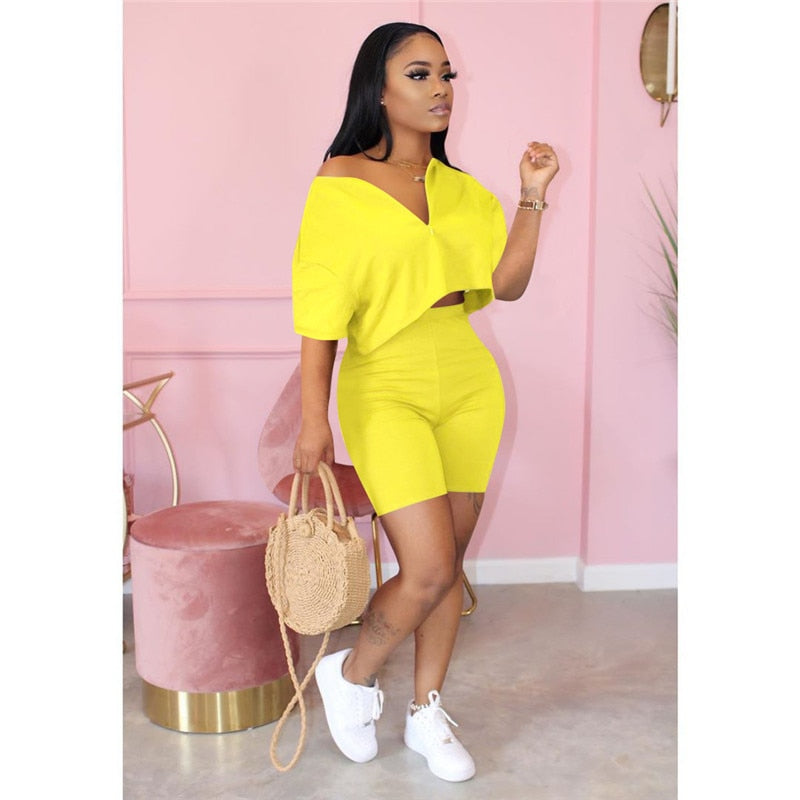 Plus Size Two Piece Set Women Clothes 2020 Casual Tracksuit Crop Top Biker Shorts Set Lounge Wear Matching Sets 2 Piece Outfits