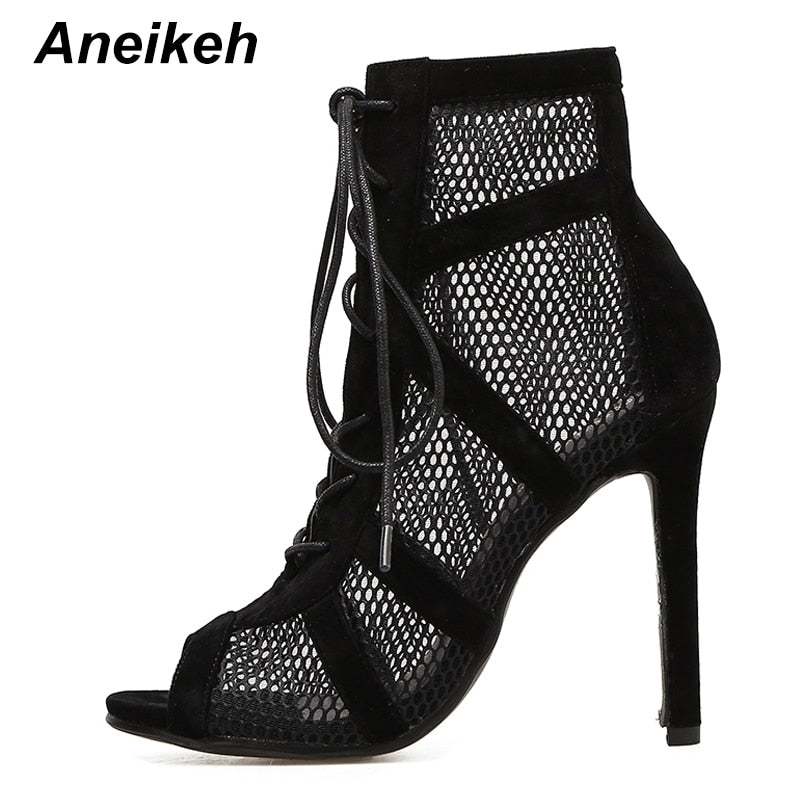 Aneikeh 2022 Fashion Basic Sandals Boots Women High Heels Pumps Sexy Hollow Out Mesh Lace-Up Cross-tied Boots Party Shoes Party