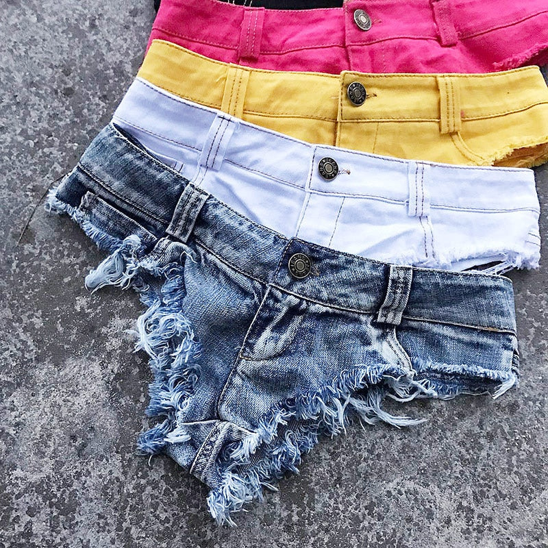 2021 New Women Sexy Low Waist Hole Tassel Denim Shorts Jeans Thong Short Feminino