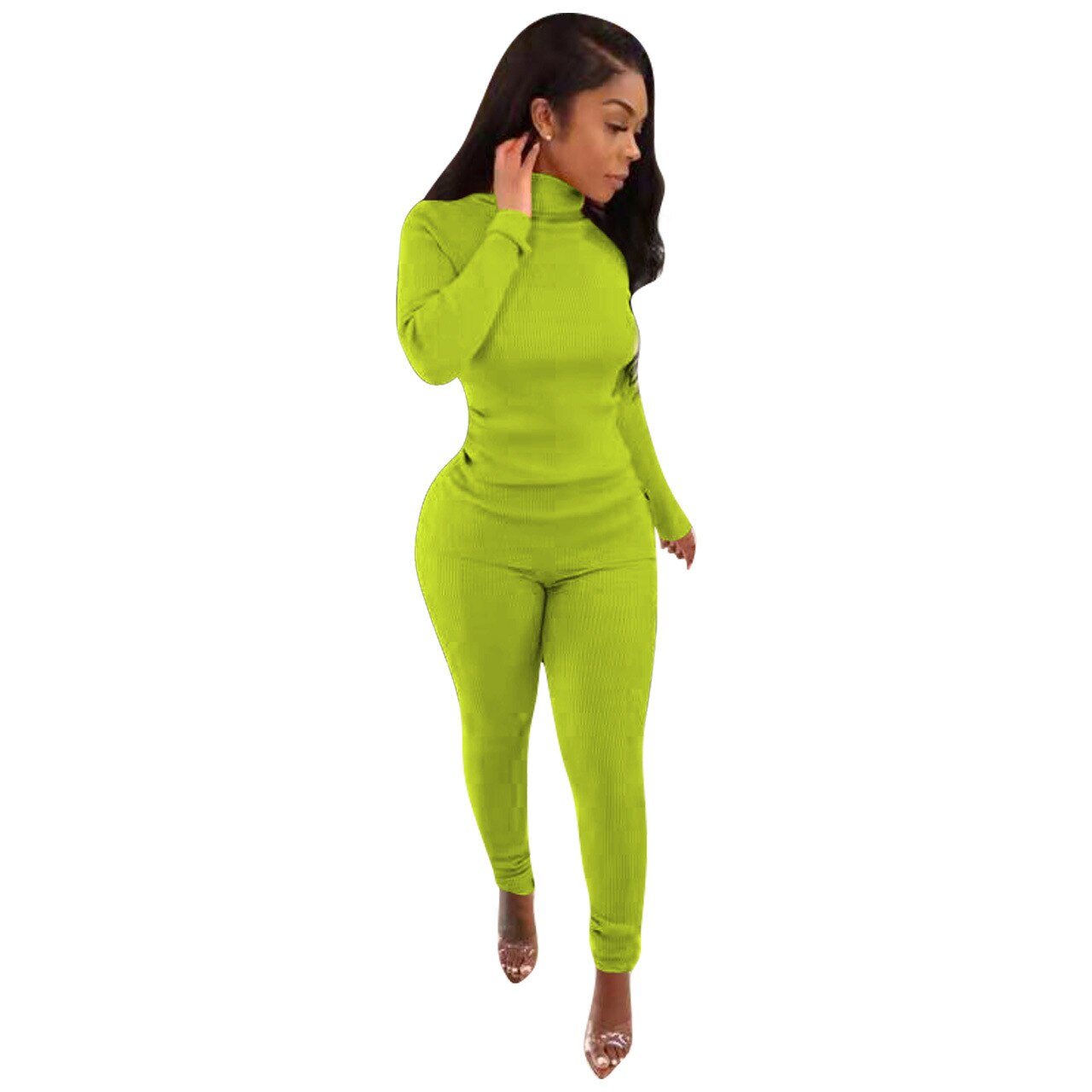 Lounge wear Knitted Rib Solid Tracksuit Women Casual Sport Fitness Turtleneck Sweater Top + Leggings Two Piece Set Club Outfits