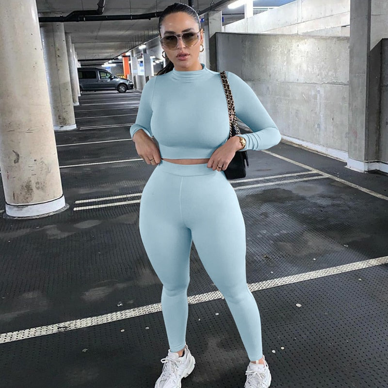 Winter Women Sport Fitness 2 Two Piece Set Outfits Long Sleeve Crop Tops Tshirt Leggings Pants Set Bodycon Tracksuits Women's