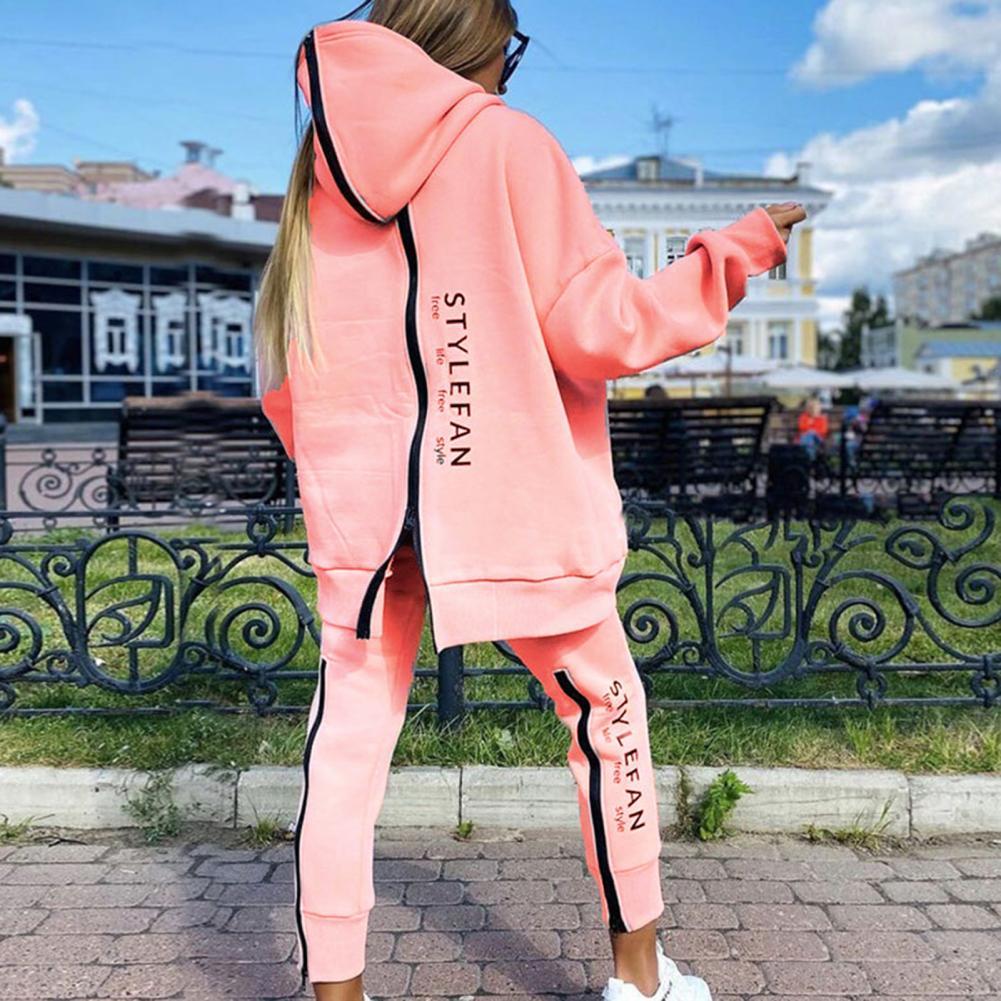 Letter Printing Long Sweater Sweatpants Two Piece Set  Zipper Sweatshirt Pants Running Tracksuit Women Fitness Clothing