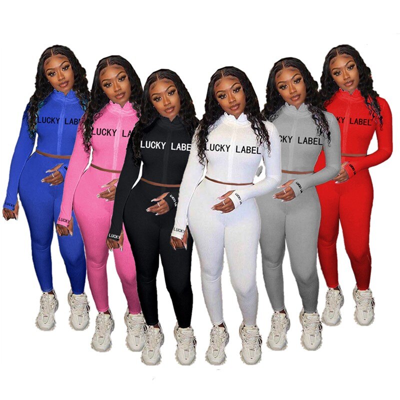 Lucky Label 2 Piece Set Women Fall Fitness Outfit Tracksuit Stretch Knitted Top Leggings Matching Set Girl Wholesale Dropshpping