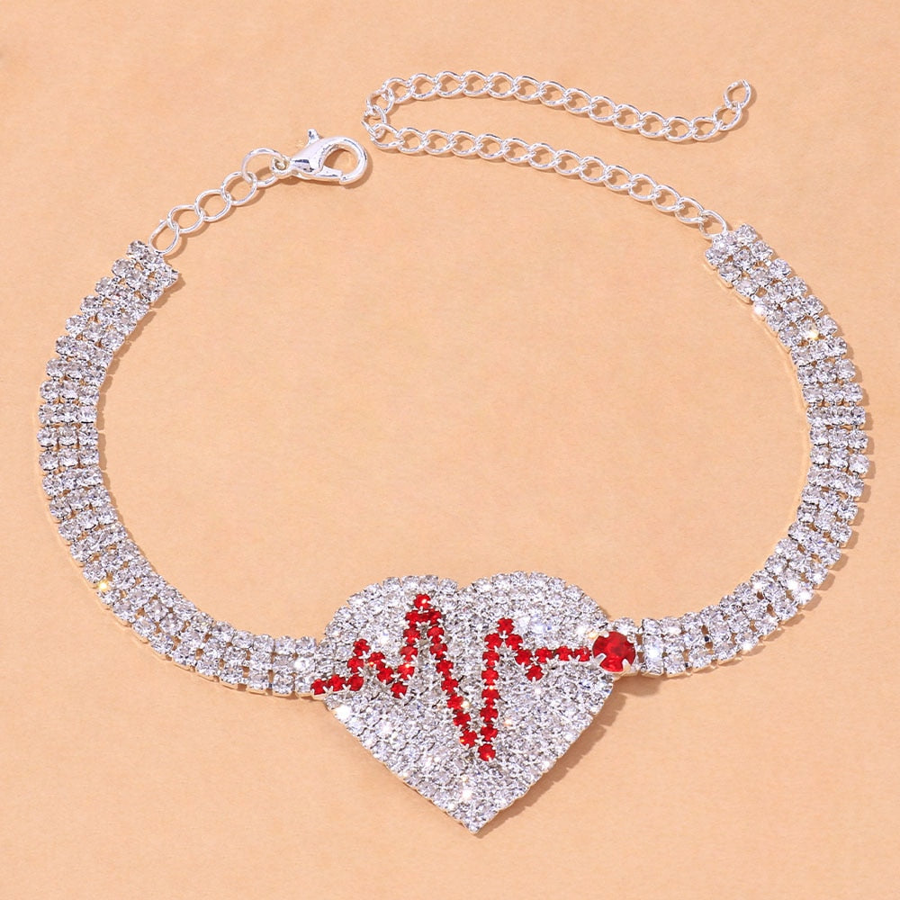 Stonefans Fashion Tennis Chain Rhinestone Heart Anklet for Women Beach Crystal Heartbeat Anklet Bracelet on the Leg Boho Jewelry