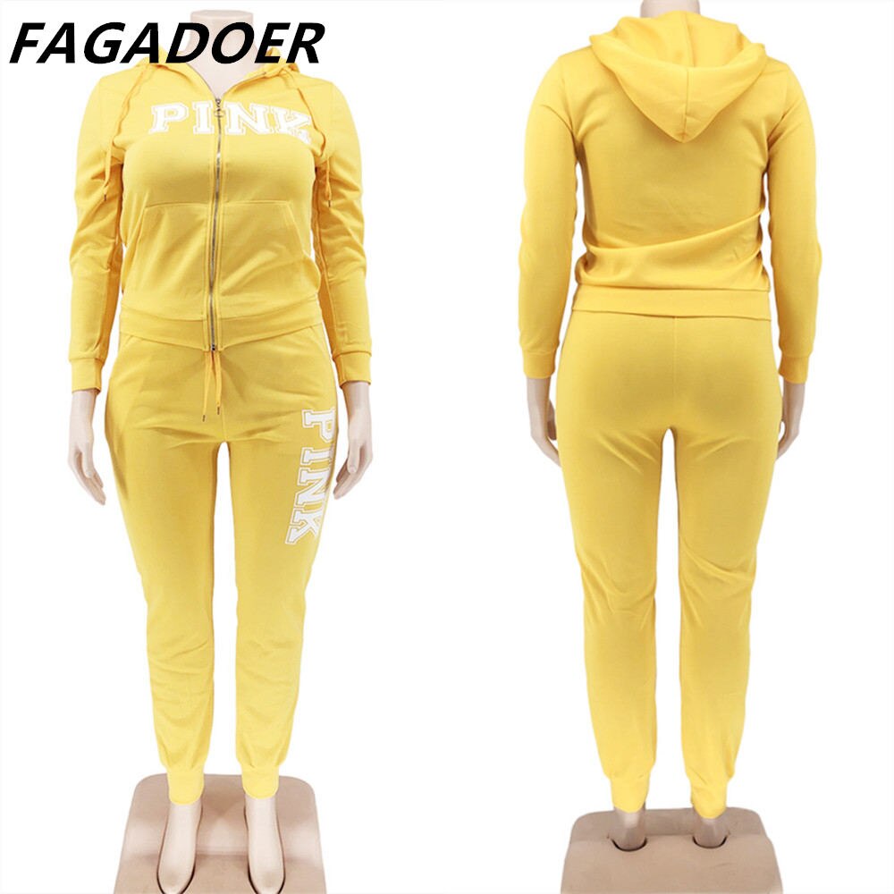 FAGADOER 2022 Plus Size Sporty PINK Letter Print Fashion Spring Set High Waist 2 Piece Set L-5XL Women Gym Clothing Pant Sets