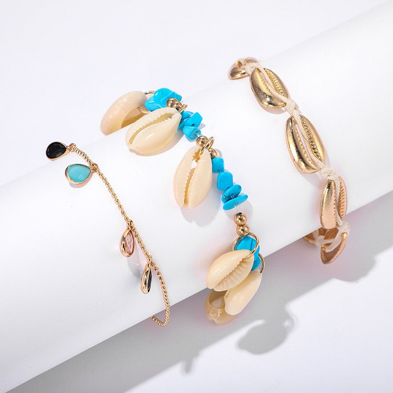 docona Boho Handmade Shell Seed Beads Anklet Set for Women Multilayer Broken Stones Summer Ocean Beach Foot Chains Jewelry 9426