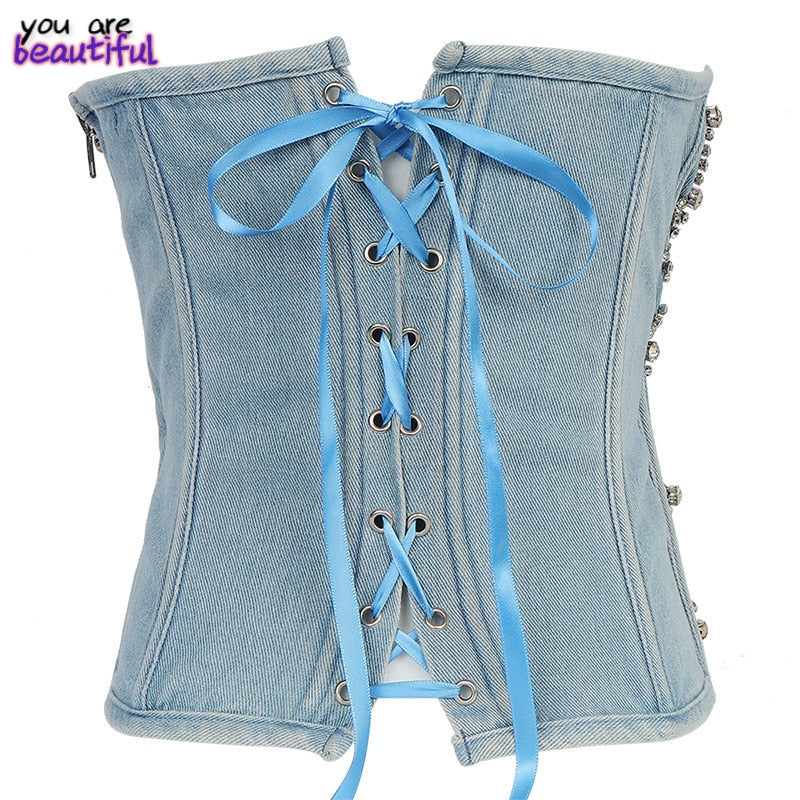 Sexy halter Denim Rhinestone corset crop top women corset tube top woman built in bra sequins off shoulder sleeveless jeans tee