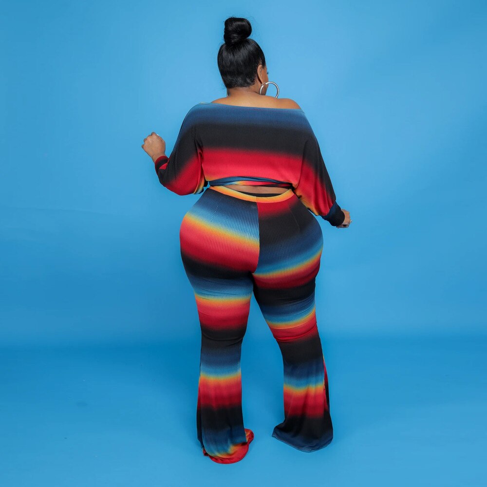 Women Plus Size Set Tie Dye Print Long Sleeve Bandage Crop Tops Loose Long Pants 2 Piece Sets Casual Streetwear Summer