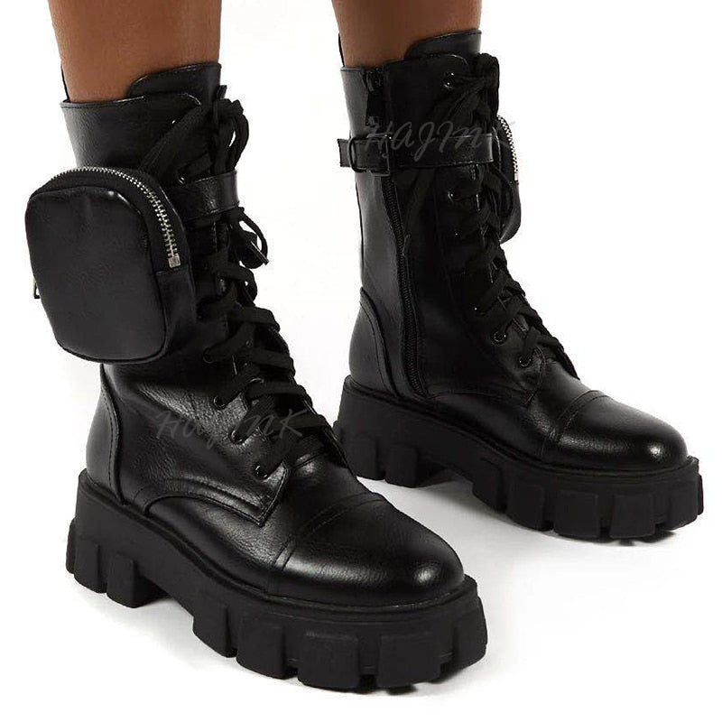 Women Boots 2020 Fashion Chunky Boots Pocket Platform Boots White Shoes For Women Autumn Winter Boots High Heels Botas Mujer