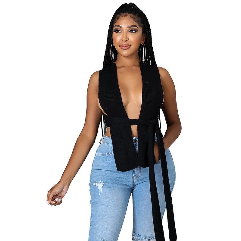 Women Sweater Vest Solid Sleeveless Hollow Out Knit Ribbed Stretchy Crop Tank Sweater Tops Sexy Fashion Streetwear Women Outfits