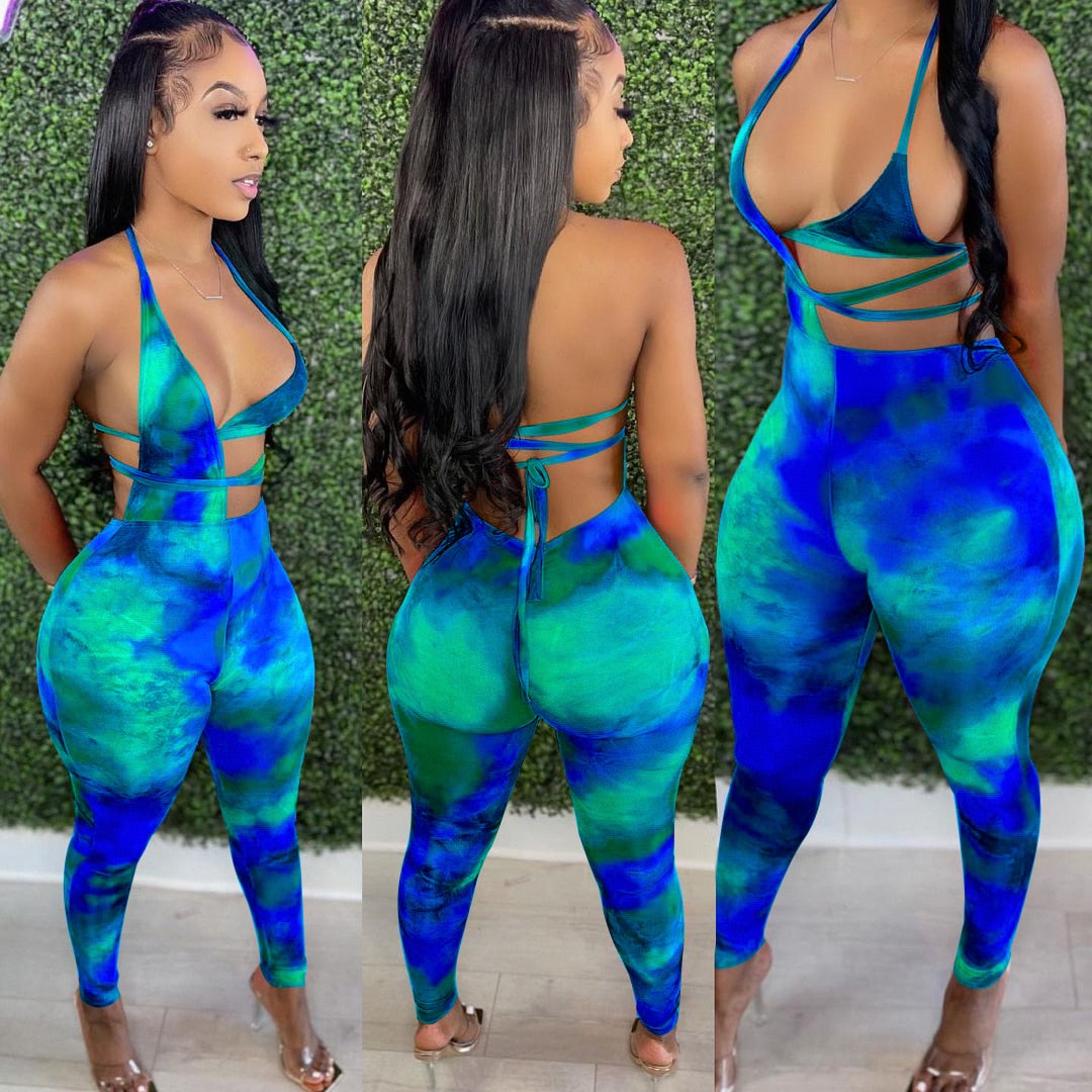 hirigin Gradient Tie Dye Print Jumpsuits for Women Halter Neck Backless Party Club Outfit Summer Hollow Irregular Catsuits