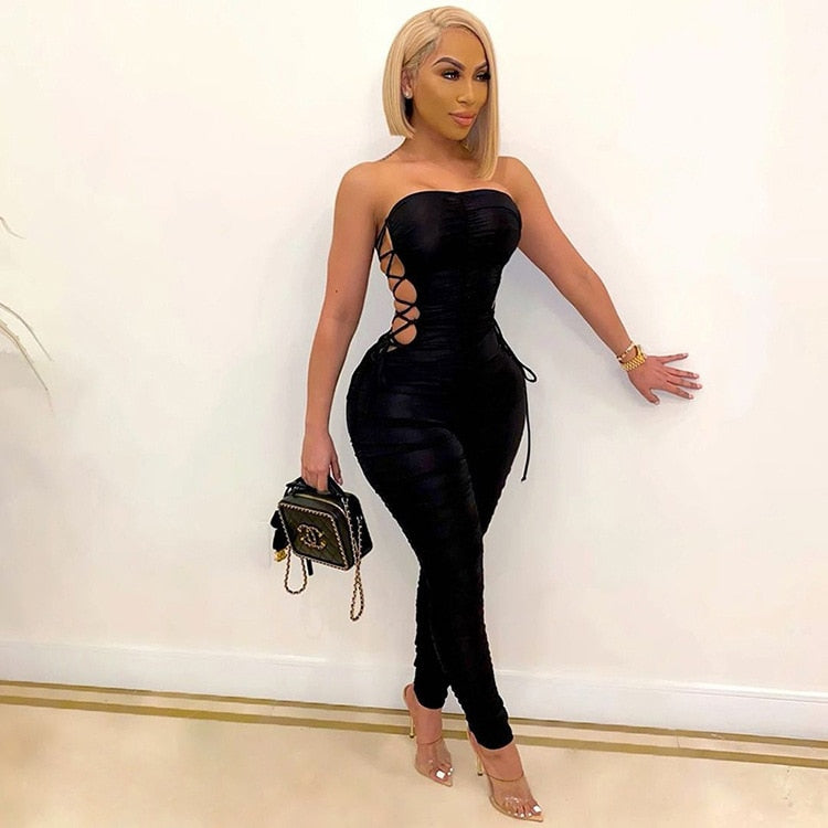 Sexy Off Shoulder Women Jumpsuit Pleated Fitness Streetwear Sleeveless Party Night Long Romper Women Jumpsuit Outfit
