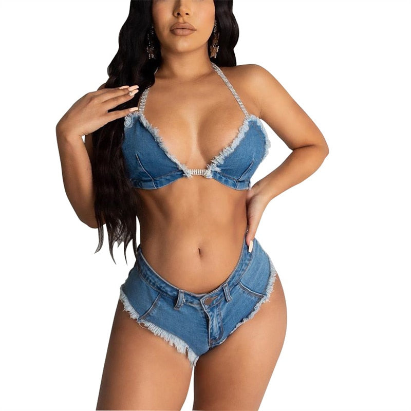 CHRONSTYLE Sexy Jean Summer 2 Piece Denim Off Shoulder Bra Crop Tops Biker Shorts Outfits Women Summer Clubwear Tracksuits 2021