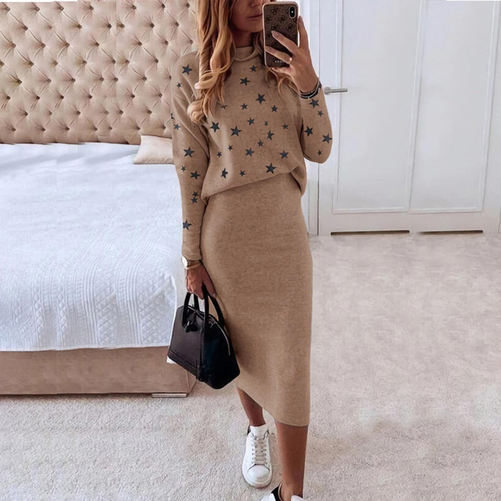 2022 Autumn winter Women Skirt 2 Piece Set Long Sleeve Turtleneck Slim Skirt Set Elegant Office Lady Knitted Sweater Skirt Suit