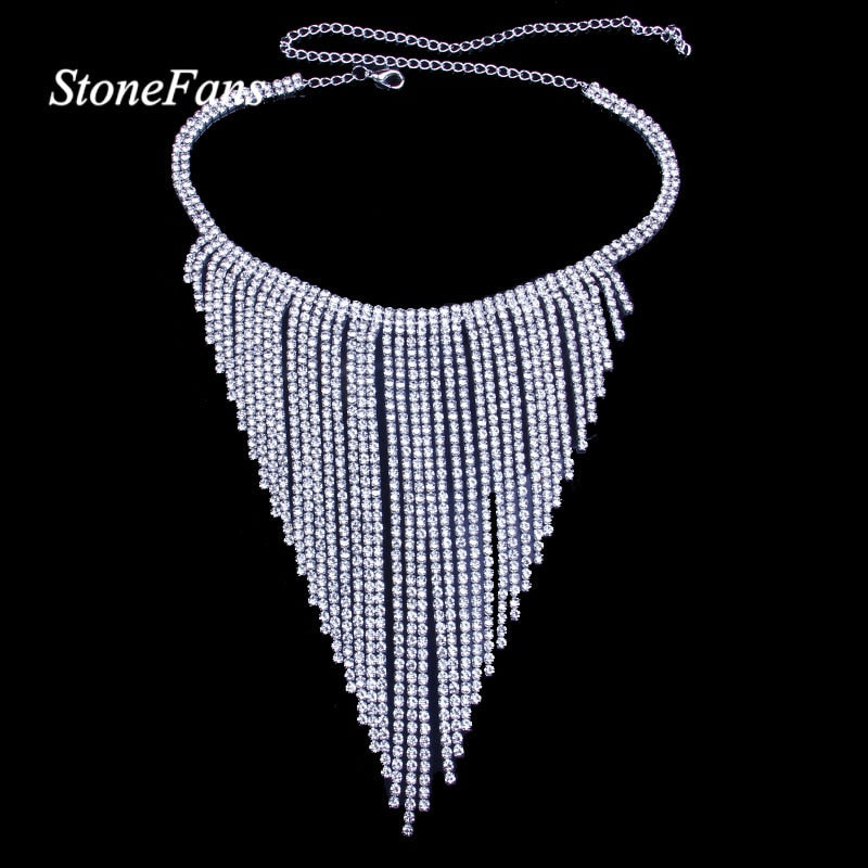 Stonefans Ethnic Long Tassel Choker Necklace Rhinestone Jewelry for Women Bohemian Geometric Crystal Statement Necklace Collar