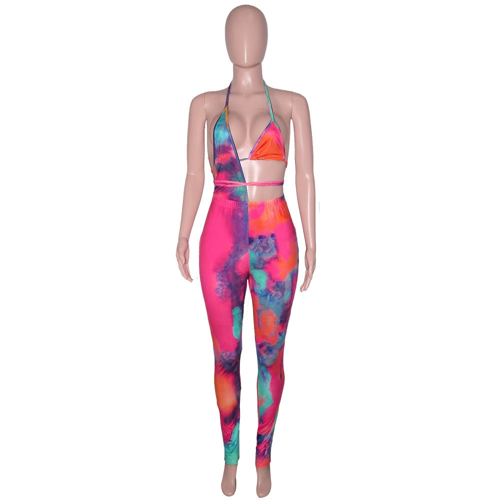 hirigin Gradient Tie Dye Print Jumpsuits for Women Halter Neck Backless Party Club Outfit Summer Hollow Irregular Catsuits