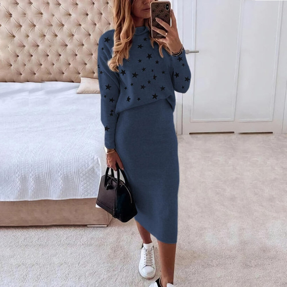 2022 Autumn winter Women Skirt 2 Piece Set Long Sleeve Turtleneck Slim Skirt Set Elegant Office Lady Knitted Sweater Skirt Suit