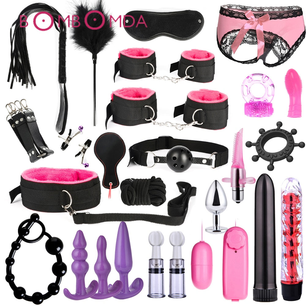 BDSM Kits Adults Sex Toys For Women Men Handcuffs Nipple Clamps Whip Spanking Sex Metal Anal Plug Vibrator Butt Bdsm Bondage Set