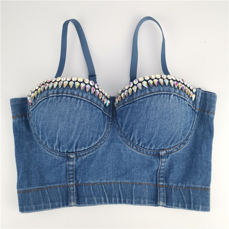 SXTHAENOO Fashion Sexy Denim Jeans Women's Button Bustier Bra Night Club Party Cropped Top Vest Plus Size