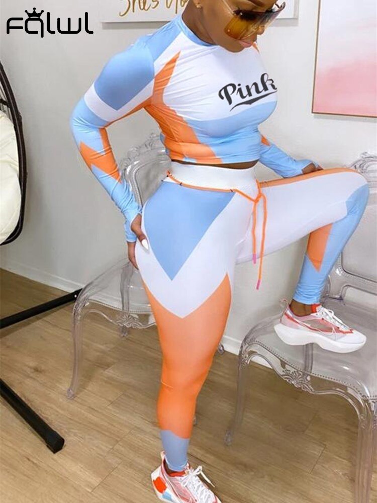 FQLWL Streetwear Tracksuit Joggers Women 2 Two Piece Set Outfits Tshirt Crop Top Female Fall 2020 Sweat suit Matching Sets Women