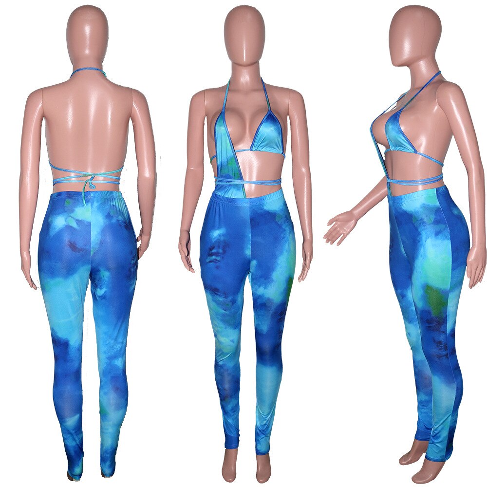 hirigin Gradient Tie Dye Print Jumpsuits for Women Halter Neck Backless Party Club Outfit Summer Hollow Irregular Catsuits